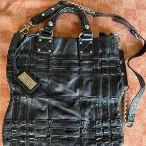 Badgley Mischka Black Leather Woven Tote with Chain Strap